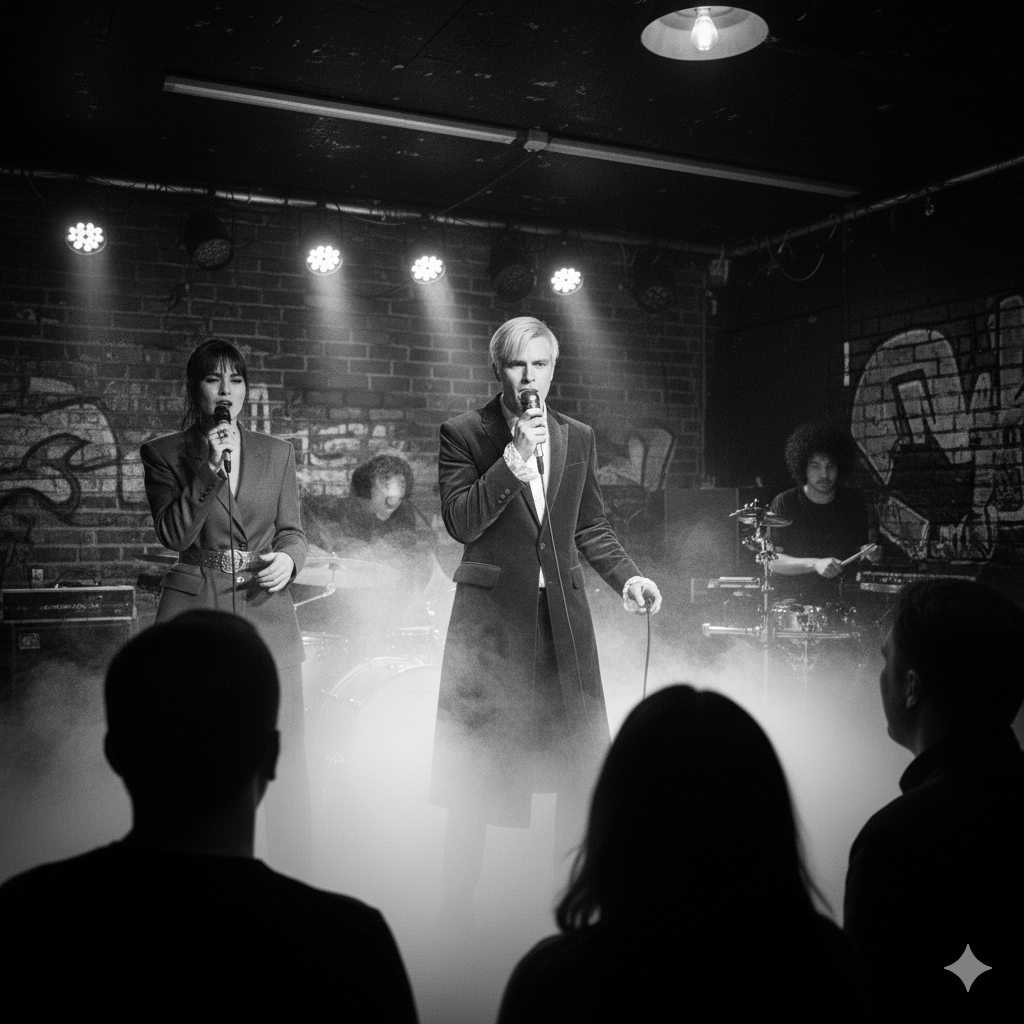 Guitarist playing a solo with dramatic lighting.
