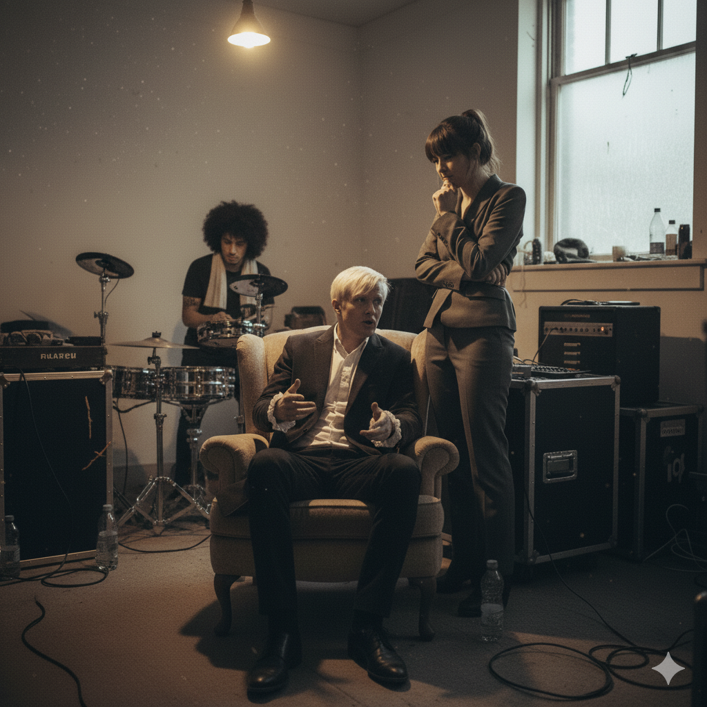 Drummer in action during a live show, sticks blurred with motion.